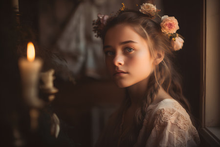 Portrait of a beautiful young girl with flowers in her hair.の素材