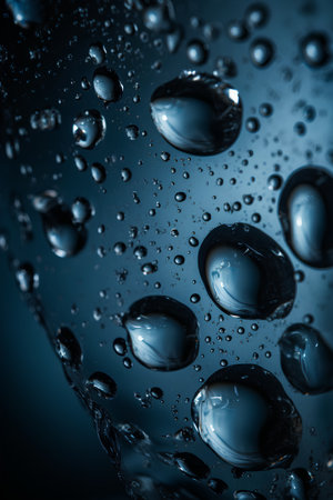 Water drops on a dark blue background. Shallow depth of field. Toned.の素材