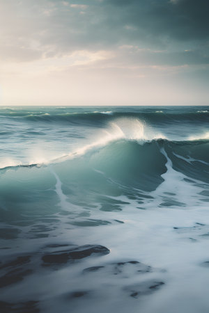 Beautiful seascape with ocean wave. Dramatic sky. 3d renderの素材