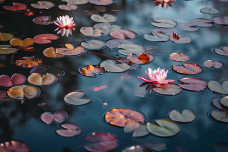 Beautiful pink water lily in the lake with reflection of leaves.の素材