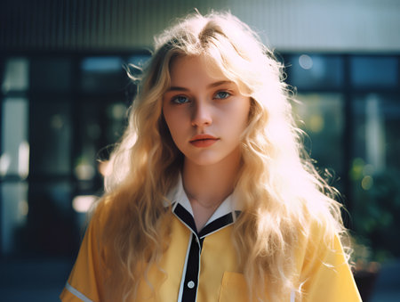 Portrait of a beautiful young blonde girl in a yellow coat.の素材