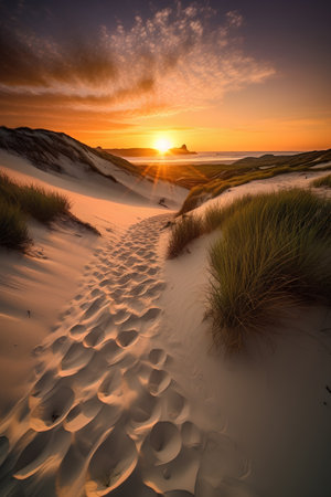 Beautiful sunset over the sand dunes on the North Sea coast of Germanyの素材