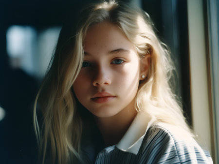 portrait of a beautiful blonde girl with long hair in a striped shirtの素材