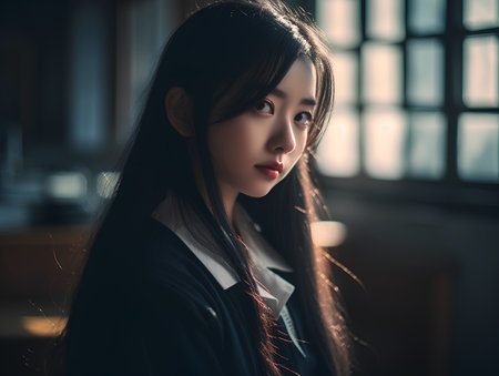 Portrait of a beautiful asian woman with long hair, vintage toneの素材