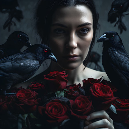 Beautiful young woman with a bouquet of red roses and pigeons.の素材