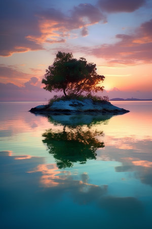 Beautiful seascape with a lonely tree on a small islandの素材