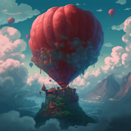 Hot air balloons flying in the sky. Fantasy landscape with hot air balloons.の素材