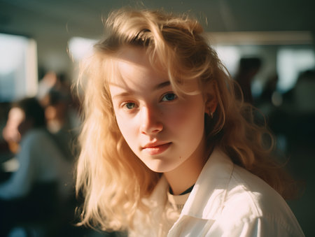 Portrait of a beautiful girl with blond hair in a white shirt.の素材