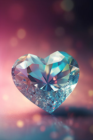 Shiny diamond heart on bokeh background. 3D renderingの素材