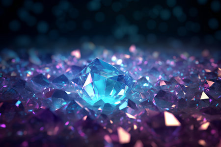 Blue diamond on blue bokeh background. 3D illustration.の素材