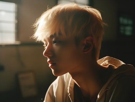 Portrait of a young beautiful woman with blond hair in a light roomの素材