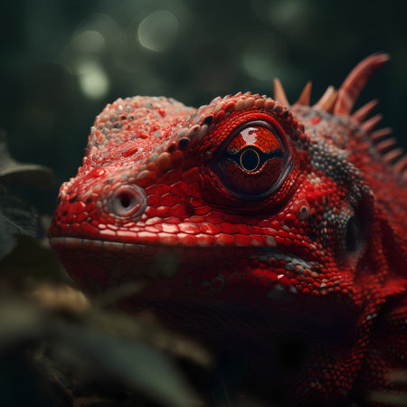 Red chameleon close-up portrait on a dark background.の素材