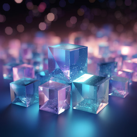 3d render of crystal cubes in blue and purple background with bokehの素材