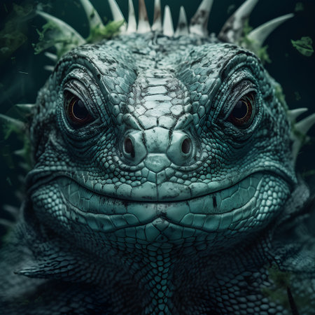 Green iguana close-up. Fantasy reptile. 3D rendering.の素材