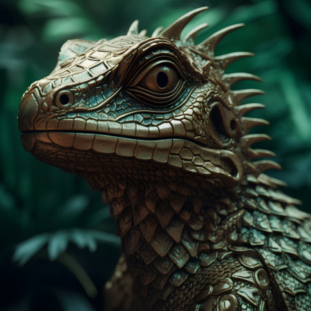 3d rendering of a dragon head on a background of green foliageの素材