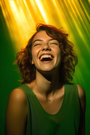 Portrait of a beautiful young woman laughing on a green background.の素材