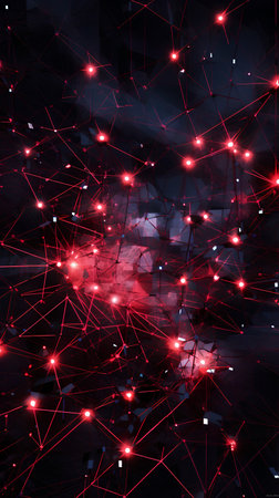 Abstract background with red connected dots and lines. 3D rendering.の素材