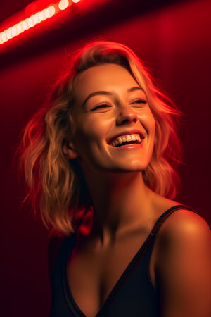 Portrait of a beautiful girl in a black bra on a red background.の素材