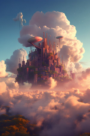 Fantasy alien planet with flying saucer. 3D illustration.の素材