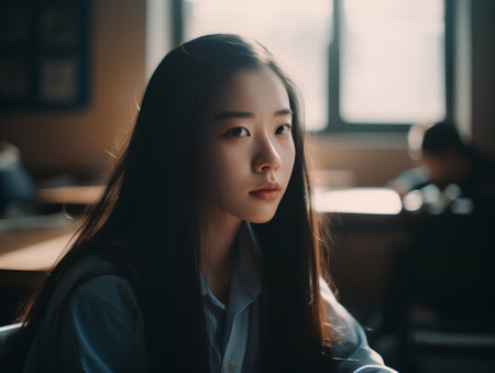 Portrait of a beautiful young asian woman sitting in cafe.の素材