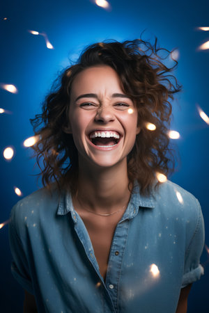Portrait of a beautiful young woman laughing and having fun with lights.の素材