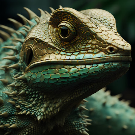 Green iguana close-up. Portrait of a lizard.の素材