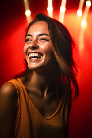 Portrait of a beautiful young woman dancing in a nightclub. Disco lights.の素材