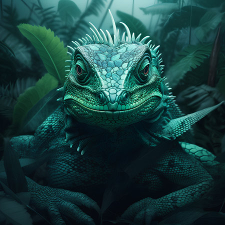 3D rendering of a green iguana in the jungle. Fantasy illustration.の素材