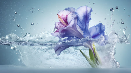 Beautiful iris flowers in water splashes on a blue backgroundの素材