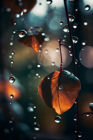 Water drops on autumn leaves. Natural background with bokeh.の素材