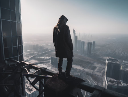 Silhouette of a man in a hoodie standing on the roof of a skyscraperの素材