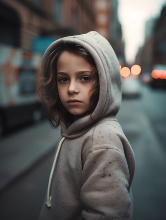 Portrait of a cute little girl in a hood on the streetの素材