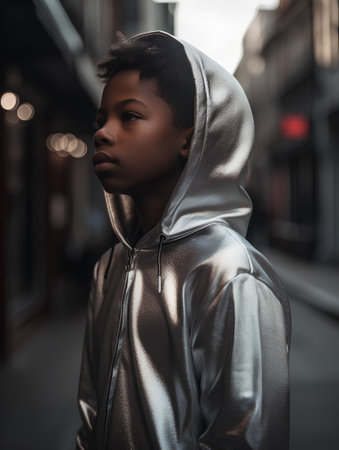 Fashionable african american woman in a silver jacket posing in the city.の素材