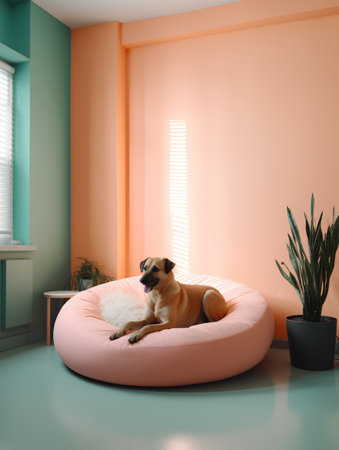 Dog on a beanbag in a room. 3d rendering.の素材