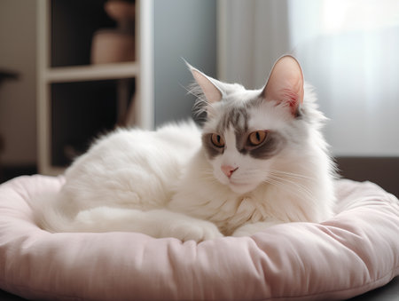 Beautiful white cat lying on soft pink pillow in living room.の素材