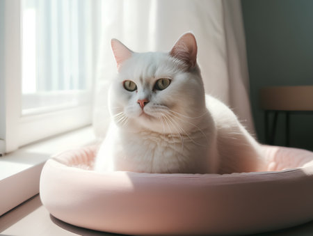 Beautiful white cat with green eyes sits on a pink soft pillow in the room.の素材