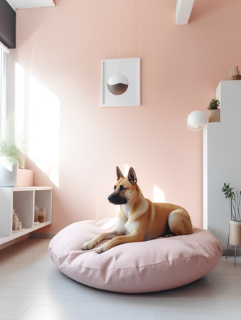 Shepherd dog lying on a pink beanbag. 3d renderingの素材