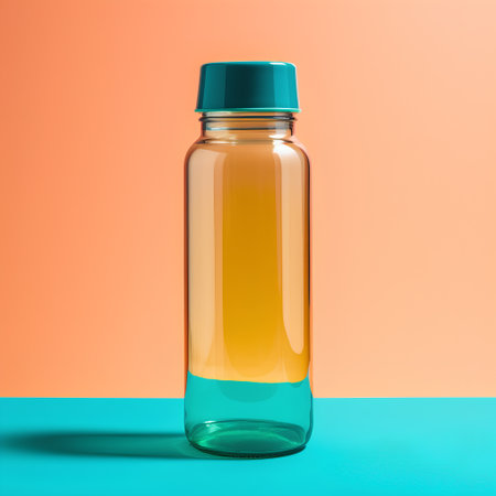 Mockup of empty glass bottle on blue and orange background. 3d renderingの素材