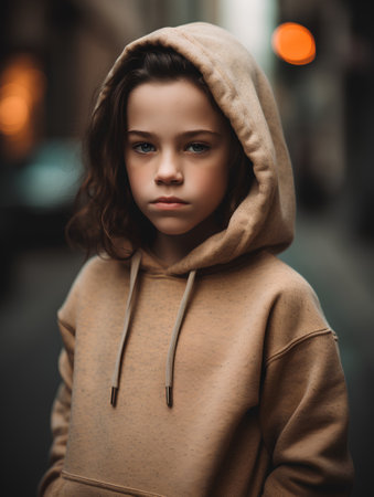 Portrait of a cute little girl in a beige hoodie.の素材