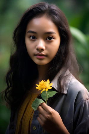 Portrait of a beautiful asian girl with yellow flower in her handの素材