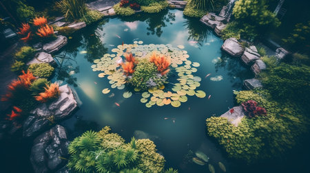 Koi pond in the garden with a lot of plants and flowersの素材