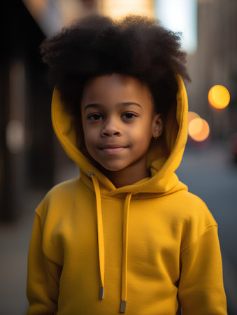 african american girl in yellow hoodie looking at camera on streetの素材