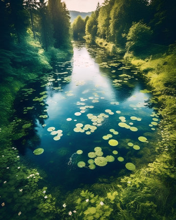 Beautiful summer landscape with river and green forest. Filtered image processed vintage effect.の素材