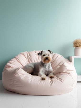 Cute little dog lying on a pink beanbag chair in front of blue wallの素材