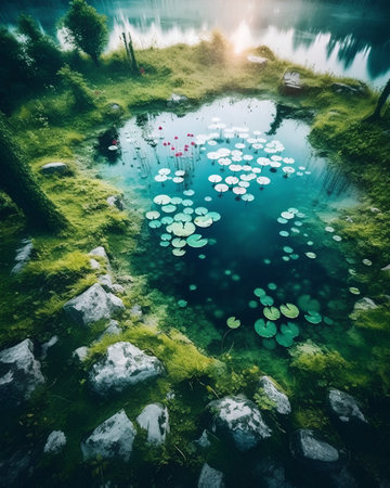 Beautiful view of a pond with lotus flowers and green grassの素材