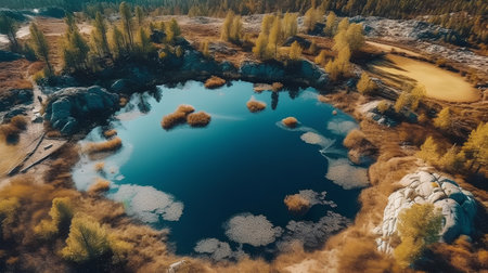 Aerial view of beautiful lake in autumn forest. Drone photography.の素材