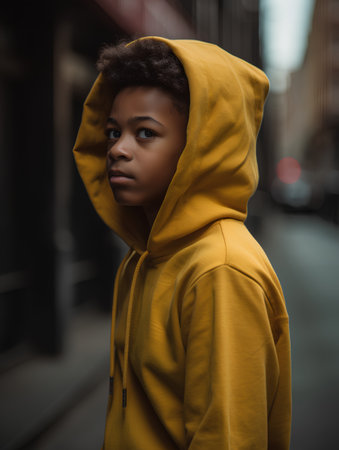 beautiful african american girl in yellow hoodie looking awayの素材