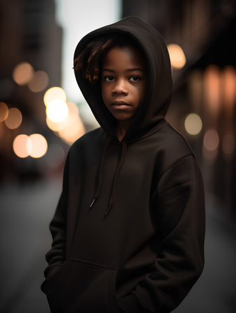 Portrait of a beautiful african american woman in hoodie.の素材