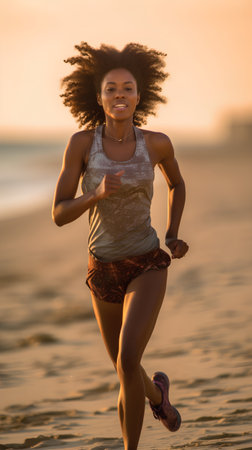 Portrait of young african american woman running on beach at sunsetの素材