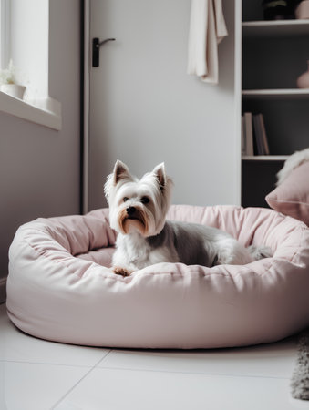 Yorkshire Terrier dog sitting on a pink beanbag at homeの素材